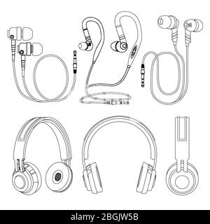 Delineare gli auricolari, le cuffie wireless e con fili per musica dj illustrazione vettoriale isolato su sfondo bianco. Dispositivo audio, auricolare wireless, auricolare accessorio Illustrazione Vettoriale