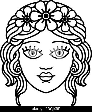 tatuaggio in linea nera del viso femminile con corona di fiori Illustrazione Vettoriale