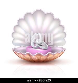 Vector lusso matrimonio d'argento, anelli matrimonio su realistico conchiglia. Sposami l'illustrazione vettoriale di concetto Illustrazione Vettoriale
