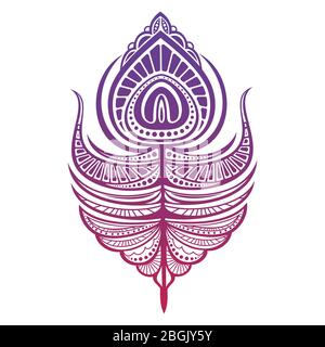 Illustrazione vettoriale di piume di stile asiatico. Piuma di pavone colorata per logo, design, stampa, colorazione Illustrazione Vettoriale