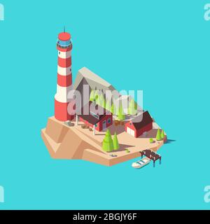 Faro isometrico. Isola con torre e casa, alberi e barca al mare. illustrazione vettoriale della torre del faro 3d. Casa luce in mare, torre isometrica e isola Illustrazione Vettoriale