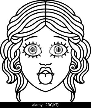tatuaggio in stile linea nera della faccia femmina che sporge la lingua Illustrazione Vettoriale