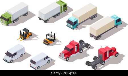 Carrello isometrico. Autocarri per il trasporto con container e furgone, camion e caricatore. Collezione Vector 3d Vehicles. Illustrazione furgone per trasporto, carrello elevatore isometrico per carico Illustrazione Vettoriale