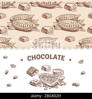 Modello banner al cioccolato con motivo dolce senza cuciture e fave di cacao e barrette di cioccolato. Illustrazione vettoriale Illustrazione Vettoriale