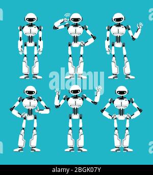 Robot Spaceman android in diverse pose. Carino fumetto futuristico set di caratteri umanoidi. Macchina robotica cyborg, giocattolo futuristico meccanico. Illustrazione vettoriale Illustrazione Vettoriale