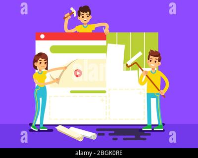 Sviluppo di siti Web con sviluppatori che creano contenuti. Illustrazione del concetto di vettore di costruzione di fotoricettore. Team designer uomo e donna Illustrazione Vettoriale