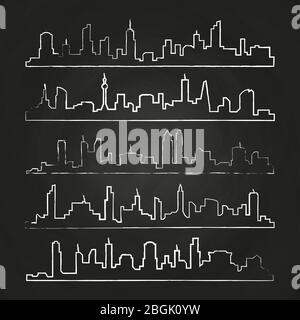 Grunge linea di costruzione della città. Paesaggio urbano vettoriale disegnato a mano ambientato sulla lavagna Illustrazione Vettoriale