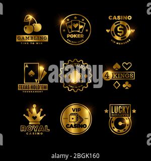 Golden Gambling, casino, poker Royal torneo, roulette vettoriale etichette, emblemi, loghi e badge. Vinci la carta da poker, emblema fortunata illustrazione del gioco d'azzardo Illustrazione Vettoriale