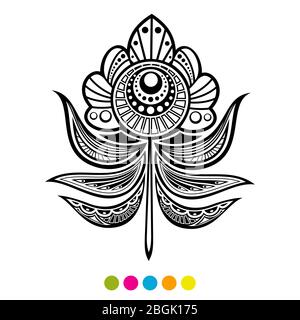 Illustrazione astratta del vettore di piuma floreale. Pagina di colorazione fiori in bianco e nero Illustrazione Vettoriale