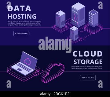 Protezione dei dati personali, soluzioni di hosting, sincronizzazione dei computer, banner vettoriali per reti di dati con computer isometrici. Cloud di database server, illustrazione delle informazioni Web sulla protezione dei servizi Illustrazione Vettoriale