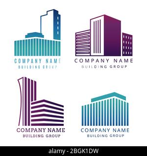 Immobiliare, società di costruzione logo set isolato su sfondo bianco. Emblemi costruttivi con illustrazione vettoriale degli edifici Illustrazione Vettoriale