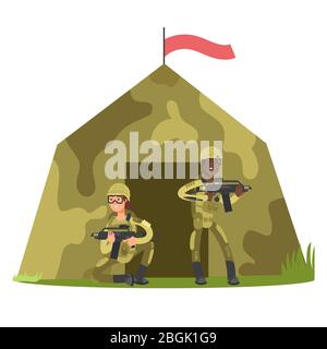 Personaggio soldato cartoon con pistola e tenda militare isolato su bianco illustrazione vettoriale Illustrazione Vettoriale
