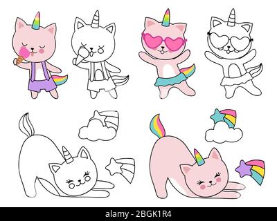 Cartoon personaggio gatti unicorn illustrazione vettoriale. Colorazione con contorni e gattini colorati isolati su bianco Illustrazione Vettoriale