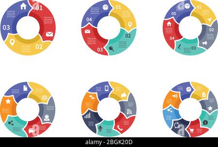 Grafica circolare, diagrammi a torta, grafici rotondi con icone, opzioni, parti, passi, settori di processo insieme di vettori. Illustrazione collegata del settore di ordine circolare a gradini e a torta Illustrazione Vettoriale