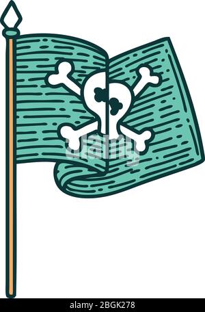 immagine iconica in stile tatuaggio della bandiera dei pirati Illustrazione Vettoriale