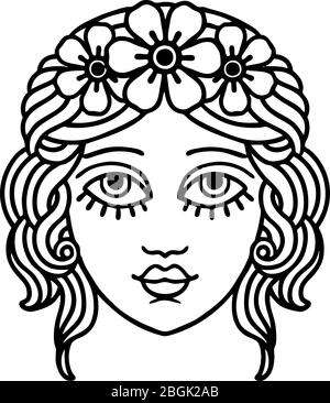 tatuaggio in linea nera del viso femminile con corona di fiori Illustrazione Vettoriale