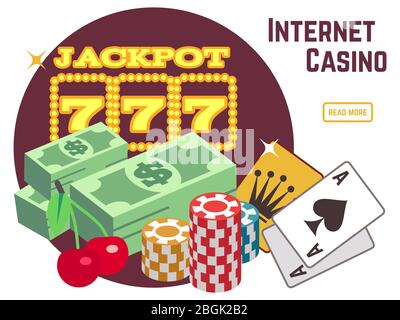 Modello di sfondo di Internet casino. Emblema piatto vettore poker online. Poker e vincita jackpot, gioco d'azzardo web, gioco d'azzardo illustrazione Illustrazione Vettoriale