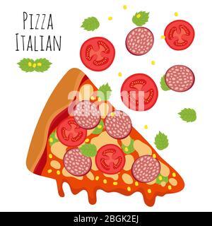 Pizza italiana con salsiccia, pomodoro, formaggio illustrazione vettoriale. Fetta di pizza con formaggio e salame Illustrazione Vettoriale