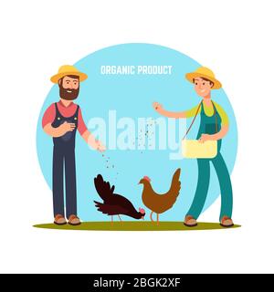Due coltivatori alimentano animali. Cartoon personaggio raccolto illustrazione vettoriale isolato su sfondo bianco Illustrazione Vettoriale