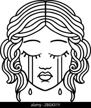 tatuaggio in stile linea nera di faccia femmina piangente Illustrazione Vettoriale