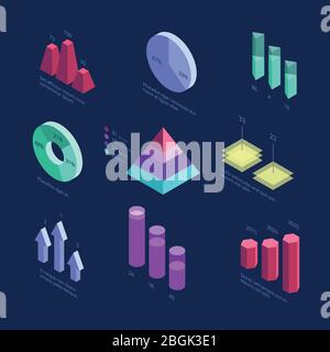 Grafici isometrici delle statistiche aziendali 3d, diagramma percentuale, grafici di crescita finanziaria. Pannello schermata informazioni vettore. Illustrazione della barra infografica del grafico, dei dati concettuali e del diagramma Illustrazione Vettoriale