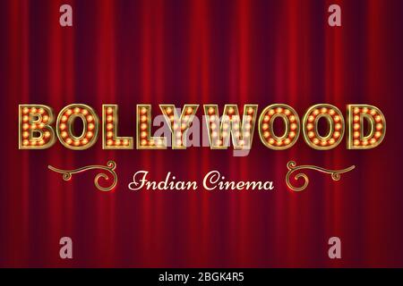 Poster del cinema Bollywood. Vintage indiano classico film sfondo vettoriale con tende rosse. Illustrazione della scritta bollywood india, cinema cinematografico Illustrazione Vettoriale