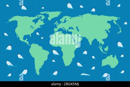 Fermare l'inquinamento oceanico mondiale. Mappa della terra con bottiglie di plastica che galleggiano in acqua inquinata. Mappa concettuale vettoriale oceano mondo con inquinamento illustrazione plastica Illustrazione Vettoriale