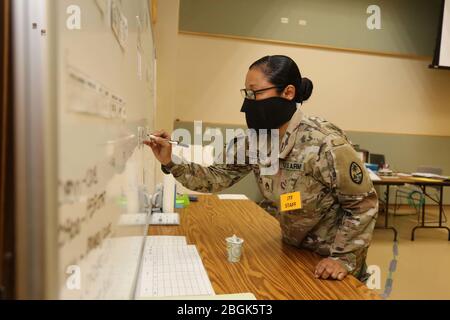 BARRIGADA, Guam (15 aprile 2020) – staff Sgt. Lynn Rengulbai, assegnato alla Joint Task Force 671 J1, aggiorna le informazioni presso la sede centrale del comando presso il centro di preparazione Guam National Guard Barrigada aprile 15. JTF 671 è stato sostenuto per sostenere gli sforzi del governo di Guam per combattere il COVID-19. (STATI UNITI Foto della Guardia Nazionale dell'esercito di Joanna Delfin) Foto Stock