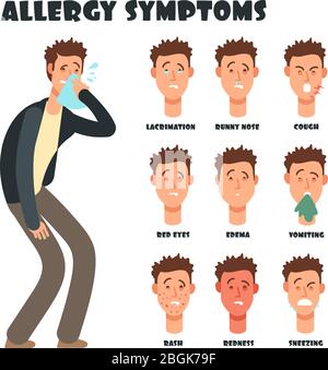 Sintomi allergici con starnuti cartoni animati uomo. Illustrazione del vettore medico. Carattere della malattia, sintomo allergico, occhi rossi e prurito Illustrazione Vettoriale