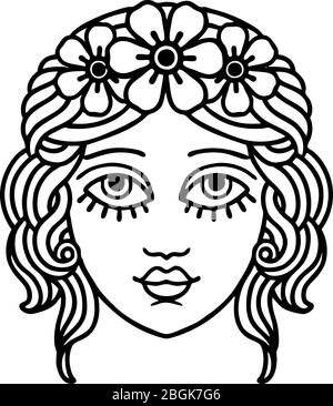 tatuaggio in linea nera del viso femminile con corona di fiori Illustrazione Vettoriale