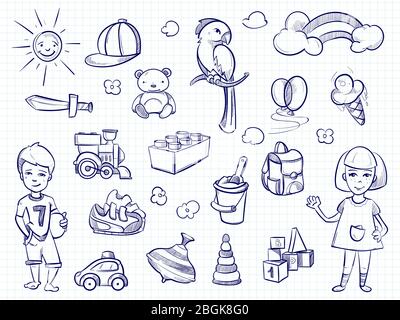 Disegno dei sogni dei bambini. Mano disegnata ragazza, ragazzo, giocattoli sulla pagina notebook. Illustrazione vettoriale Illustrazione Vettoriale