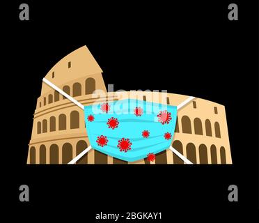 Colosseo in maschera medica. Quarantena in Italia. Epidemia di coronavirus nel mondo. Epidemia Covid-19 Pandemic. Disastro mondiale Illustrazione Vettoriale