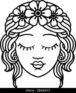 tatuaggio in stile linea nera del viso femminile con occhi chiusi Illustrazione Vettoriale