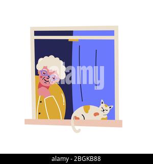Rimanere a casa banner motivazionale. Persone in finestre che rimangono a casa a causa di quarantena, lavoro, studio, suonare la chitarra, leggere. Illustrazione Vettoriale