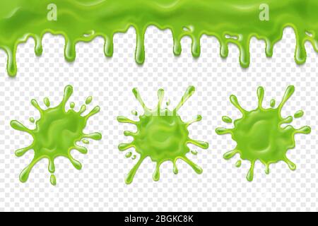 Gocciolamento di lime. Spatola di sporco verde, spatole di polvere di goo di calce. Halloween ooze, muco isolato vettore set. Immagine di spruzzi e dribble, spo Illustrazione Vettoriale