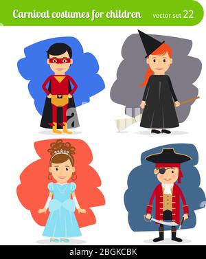 Bambini che indossano costumi. Supereroe e fata, strega e pirata Illustrazione Vettoriale