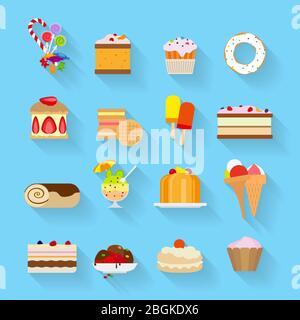 Icone piatte con ombre di dolci e caramelle vettoriali Illustrazione Vettoriale