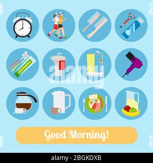 Icone del buon mattino. Jogging e doccia, colazione e trucco Illustrazione Vettoriale