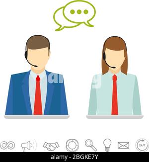 Cuffie da uomo e da donna con avatar per call center Illustrazione Vettoriale