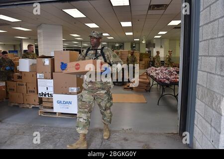 Soldati della Bravo Company 427 Brigade Support Battaglione distribuire i pasti alle famiglie in quarantena nella contea di Albany. Soldiers ha lavorato con Albany County Veterans Services Bureau presso il Times Union Center. Caricamento di scatole di cibo da distribuire ai residenti della contea di Albany che sono messi in quarantena. Foto Stock