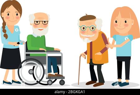 Prendersi cura degli anziani, aiutare a muoversi e trascorrere il tempo insieme. Illustrazione vettoriale. Illustrazione Vettoriale