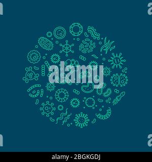 Concetto di vettore di linea di microbi, virus, batteri, cellule di microrganismo e organismi primitivi. Cellule virali e microbi, organismi batterici, microbi medici Illustrazione Vettoriale