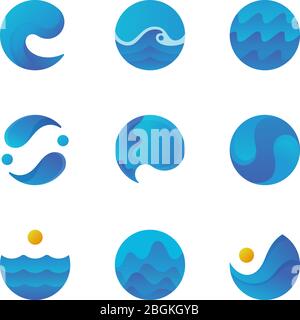 Sea Surface, logo delle onde oceaniche e etichette d'acqua. Badge piscina. Set di vettori isolati. Sea Wave acqua oceano emblema collezione illustrazione Illustrazione Vettoriale