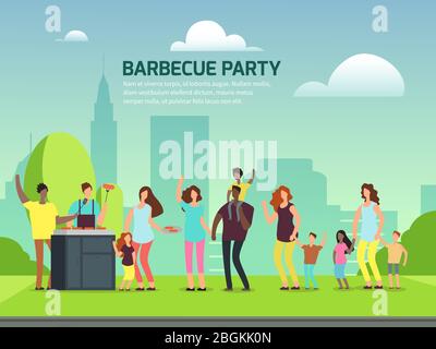 Banner design per barbecue party. Cartoon carattere internazionale famiglie in Park Vector illustrazione Illustrazione Vettoriale