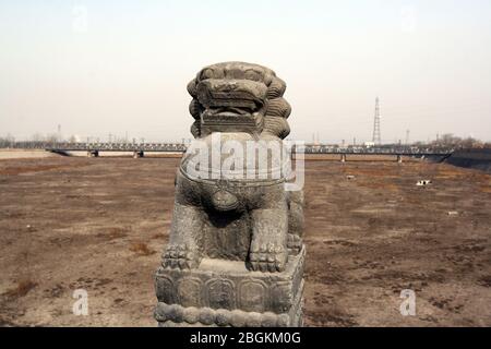 Shishi sulla colonna di osservazione del Ponte di Pechino Lugou il Ponte di Lugou è famoso in tutto il mondo per tutti i tipi di leoni di pietra con un totale di 498 281 grandi pietre Foto Stock