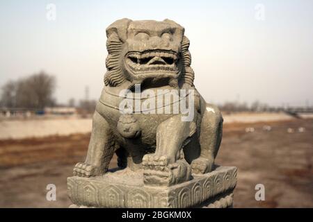 Shishi sulla colonna di osservazione del Ponte di Pechino Lugou il Ponte di Lugou è famoso in tutto il mondo per tutti i tipi di leoni di pietra con un totale di 498 281 grandi pietre Foto Stock