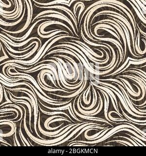 Pattern vettoriale senza cuciture con linee di scorrimento beige uniformi con sfumature tagliate al centro su uno sfondo marrone. Tessitura di fibre di legno o onde Illustrazione Vettoriale