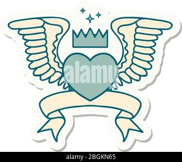 adesivo in stile tatuaggio con banner di un cuore con ali Illustrazione Vettoriale