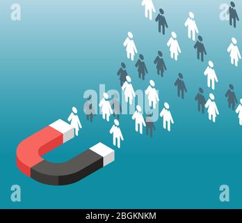 Generazione di lead. Attrazione del traffico Web. Magnete attrae le icone delle persone. Concetto di vettore di marketing in entrata. Illustrazione di un potenziale cliente e di un followe Illustrazione Vettoriale