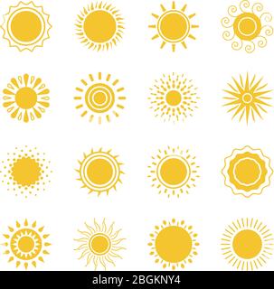 Simboli solari gialli vettoriali. Collezione di icone sole e sole su sfondo bianco Illustrazione Vettoriale